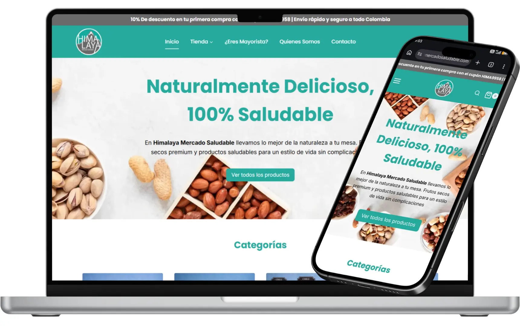 Mockup en laptop y móvil de diseño de tiendas virtuales en Medellín y el sur de aburrá de mercado saludable hecha por Sodecompany