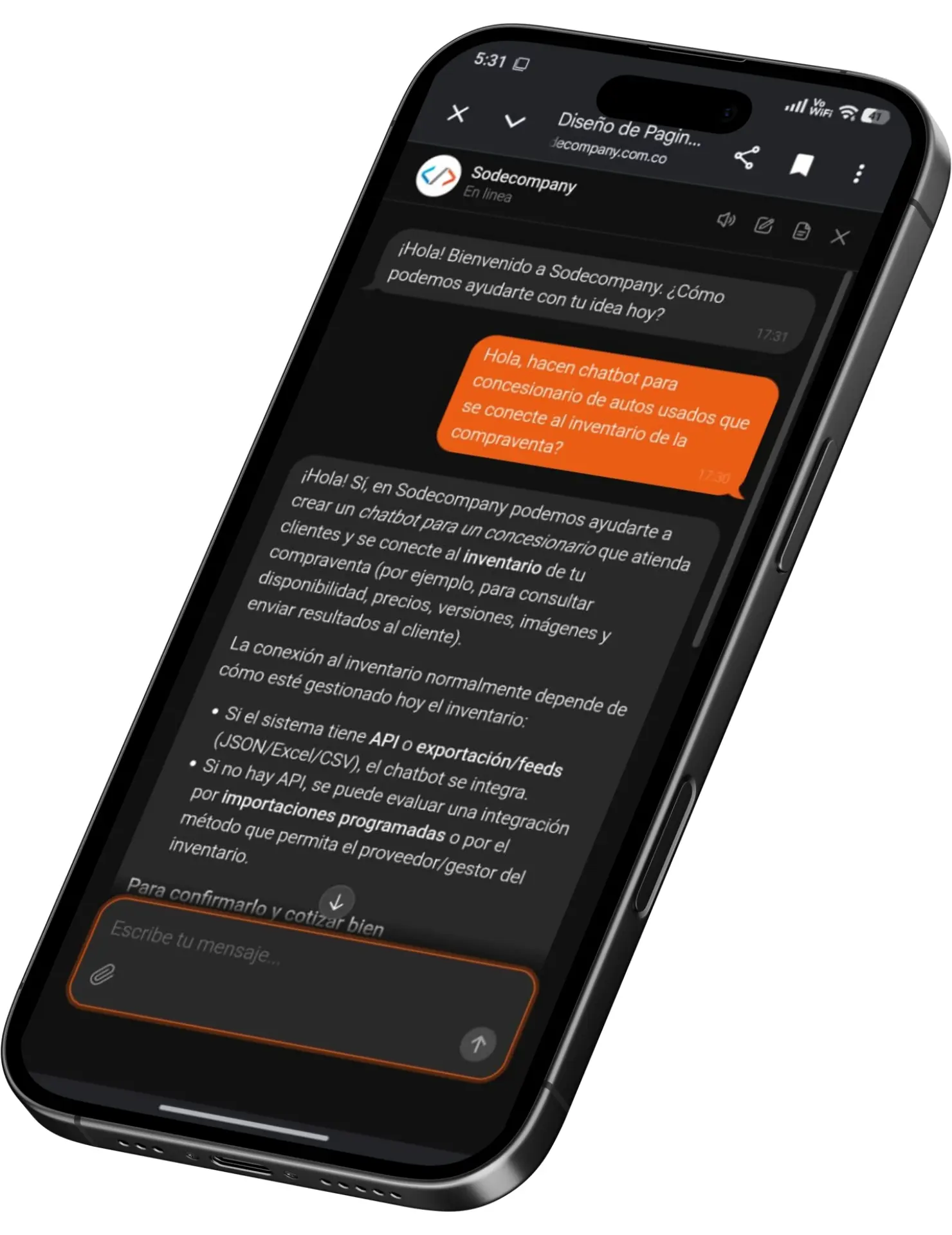 Mockup en móvil mostrando un chatbot y el servicio de desarrollo de chatbots para whatsapp Medellín por agencia Sodecompany