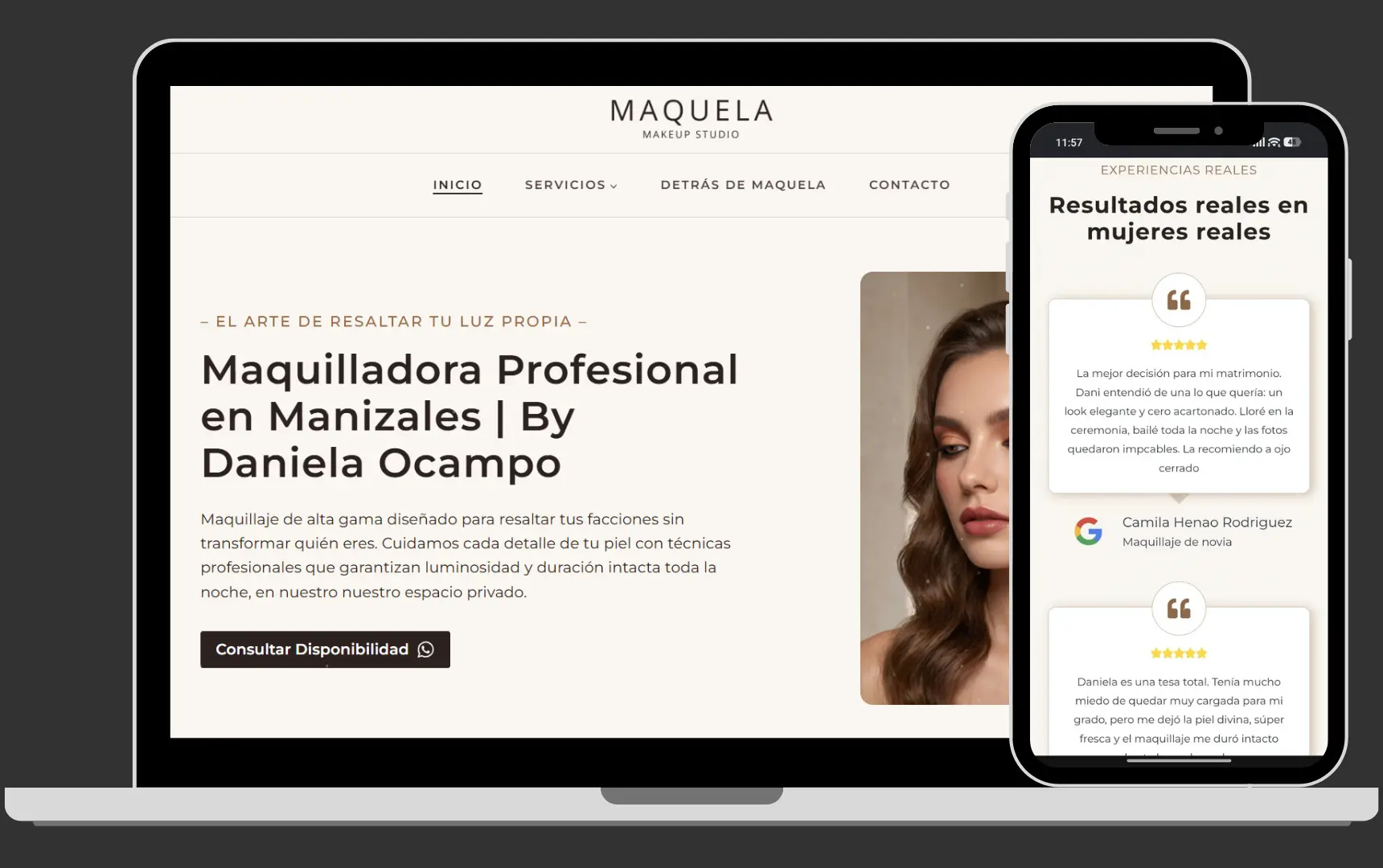 Mockup de pagina web y tienda en línea de una maquilladora profesional con marca propia que se llama maquela